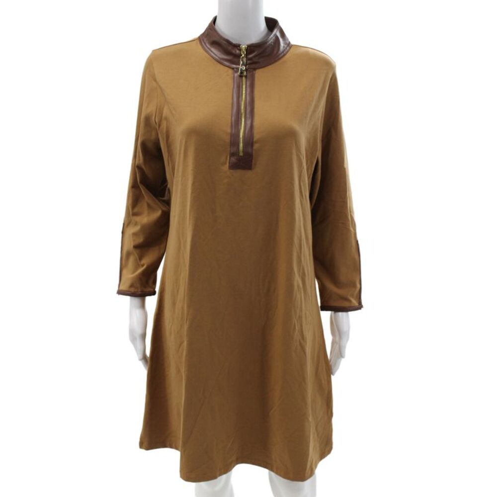 Spartina 449 Women Shift Dress Brown Mock Neck Long Sleeve Zip Cotton Size L